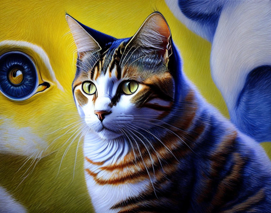 Tabby Cat Digital Painting on Abstract Blue and Yellow Background