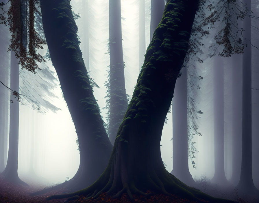 Enchanting foggy forest with moss-covered trees & soft light