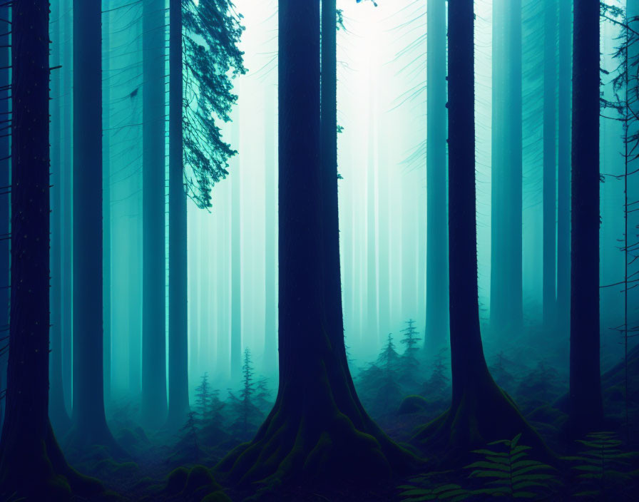 Misty forest with tall trees and blue light: ethereal atmosphere