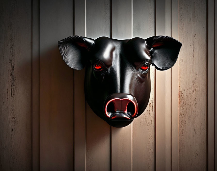 Black Bull Head Mask with Glowing Red Eyes on Wooden Slat Wall