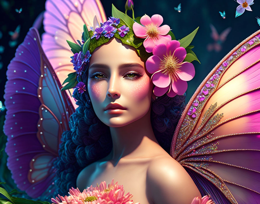 Mythical female fairy with pink butterfly wings and floral details