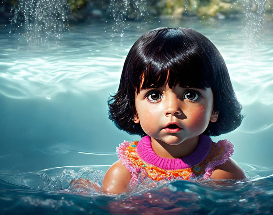 Wide-eyed toddler in colorful swimsuit floating in clear water