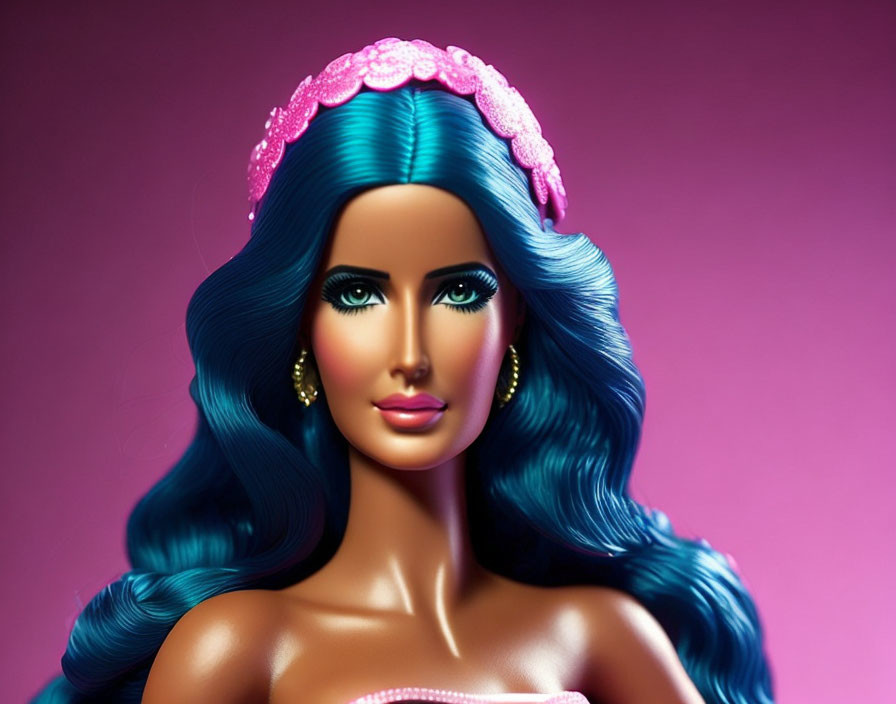 Barbie doll with wavy blue hair and pink tiara on pink background