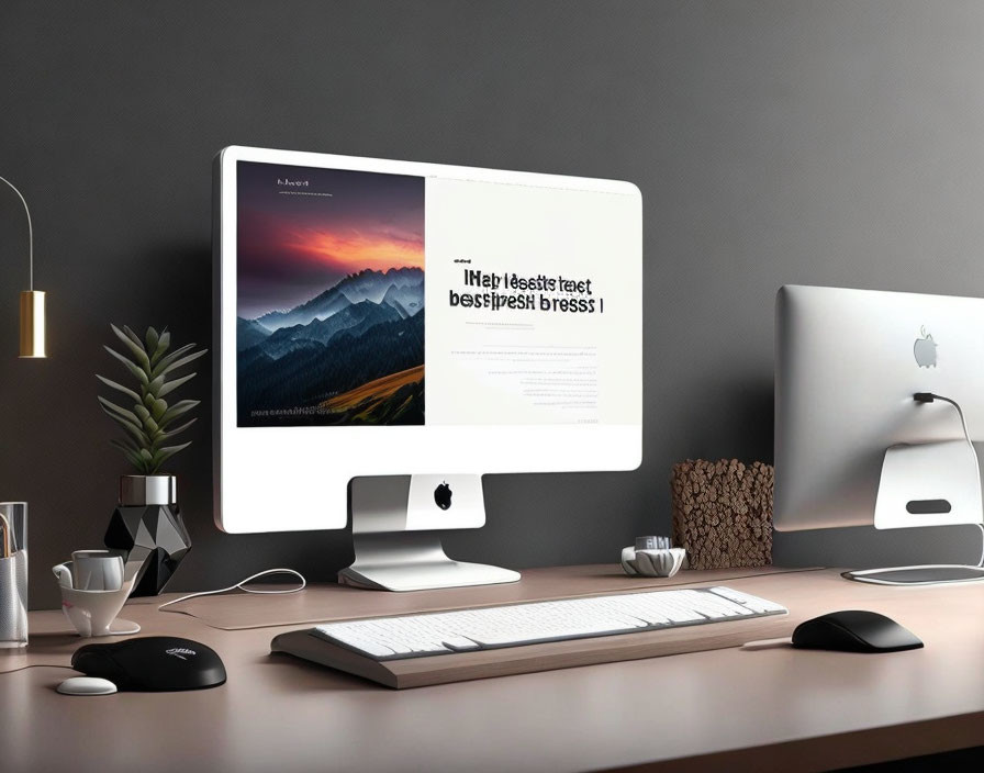 Sleek iMac setup with mountain wallpaper, dual monitor, keyboard, mouse, and desk accessories