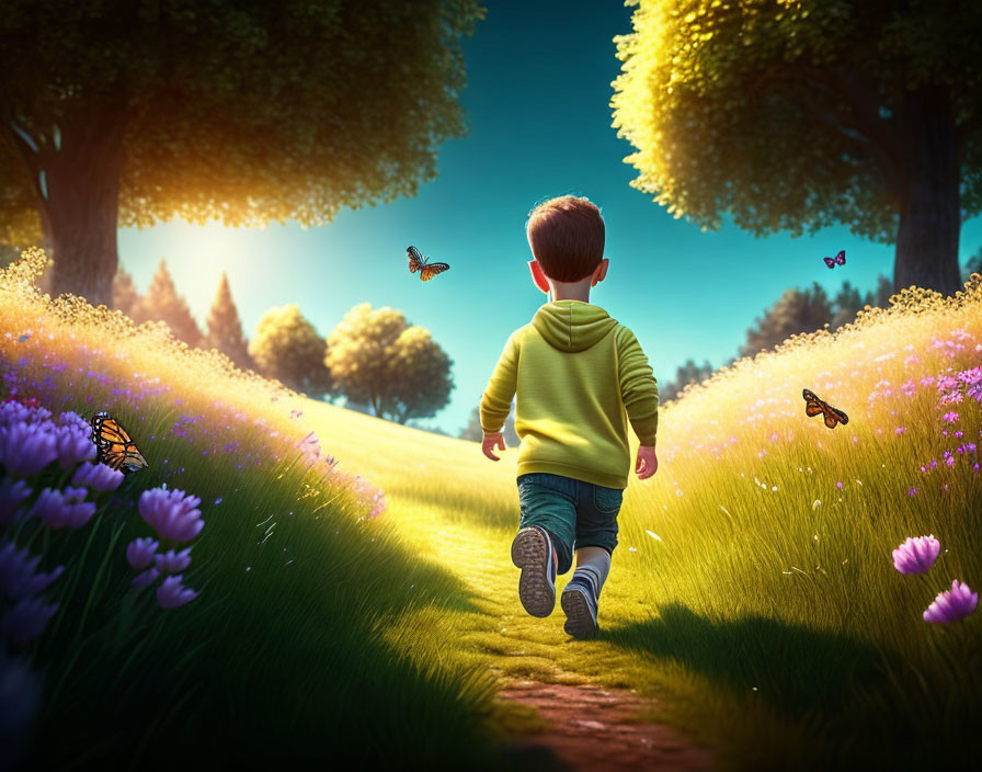 Child in Green Hoodie Chasing Butterflies in Meadow