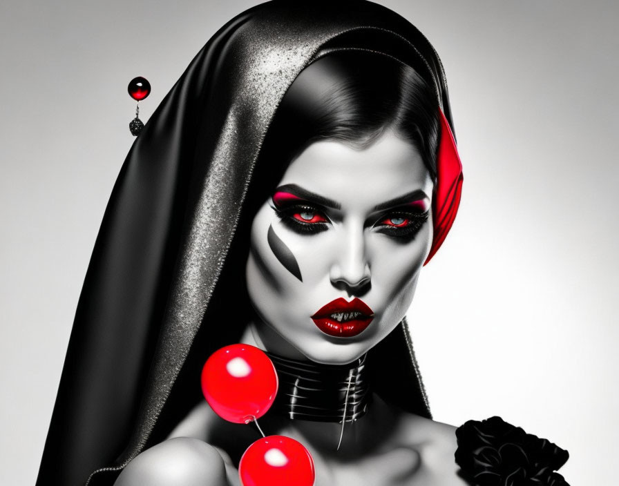 Monochromatic portrait of woman with red makeup and accessories on grey background