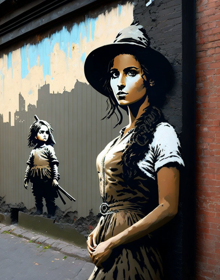 Urban wall mural features woman in hat with cinematic vibe and warrior-like figure in costume.