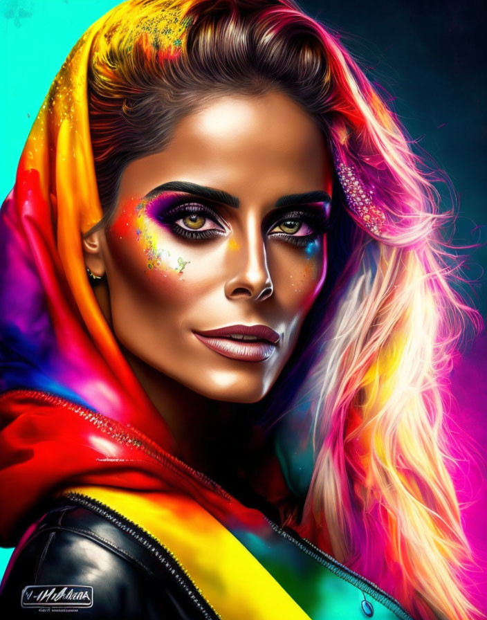 Colorful digital portrait of a woman with striking eyes and rainbow makeup