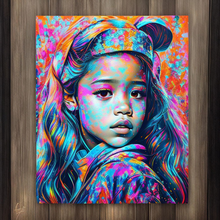 Colorful portrait of young girl in neon hues on wooden backdrop