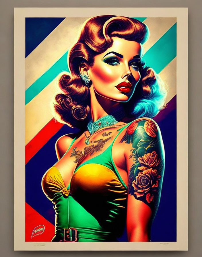 Vintage Pin-Up Art: Woman with Tattoos in Green Dress & Colorful Background