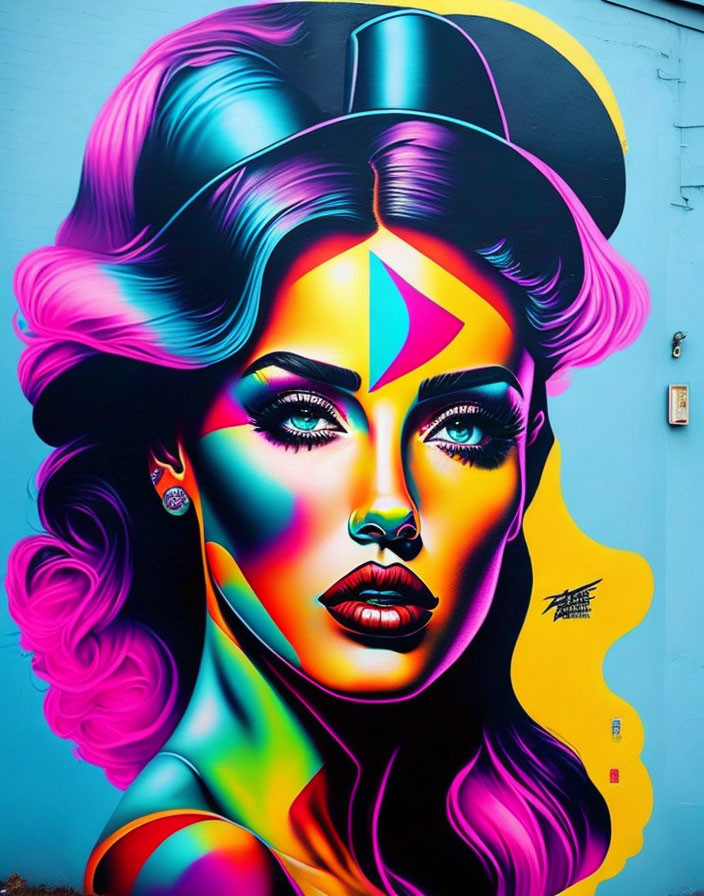 Colorful street art mural: Stylized woman with neon hair and geometric patterns