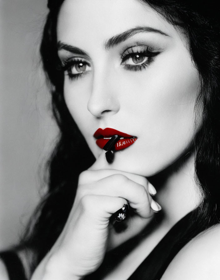 Monochrome portrait of woman with red lipstick and dark eye makeup