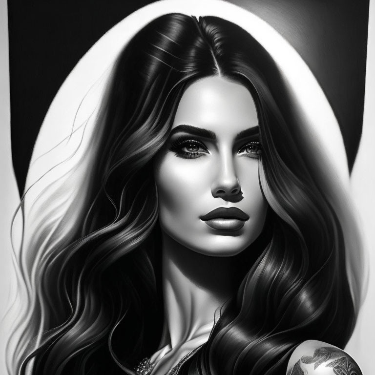 Monochrome digital portrait of a woman with long wavy hair