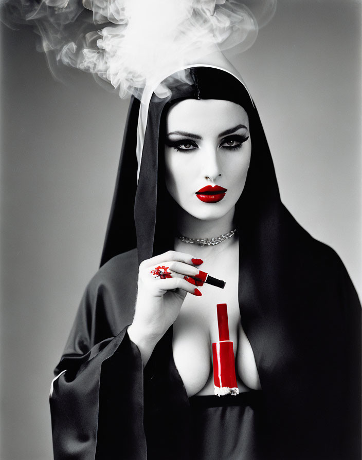 Black-and-white photo of nun in red lipstick smoking exudes retro glamor