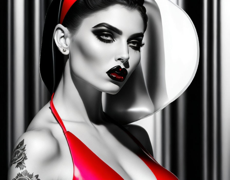 Monochrome image of woman with bold makeup and red accessories