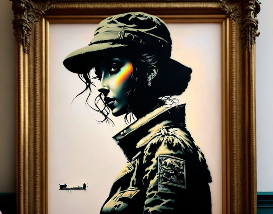 Stylized portrait of a woman in military attire with rainbow cheek highlight displayed in grand frame