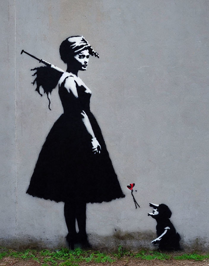 Street art: girl in dress reaching for balloon with child-like figure