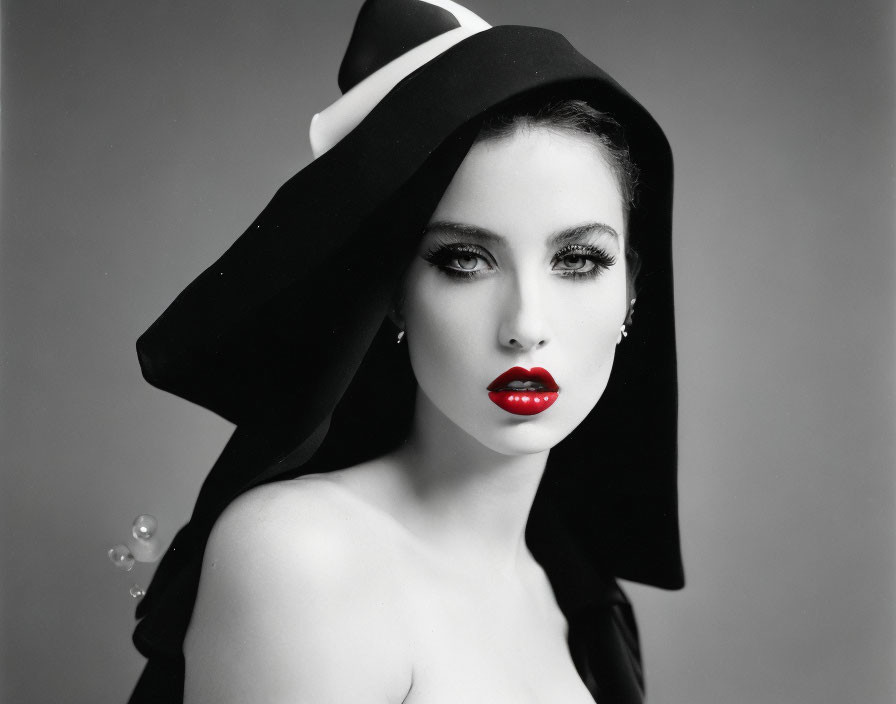 Monochrome portrait of woman with red lips and wide-brim hat.