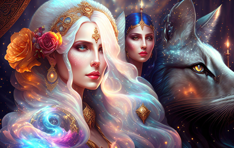 Ethereal women with ornate headdresses and majestic wolf in starry setting