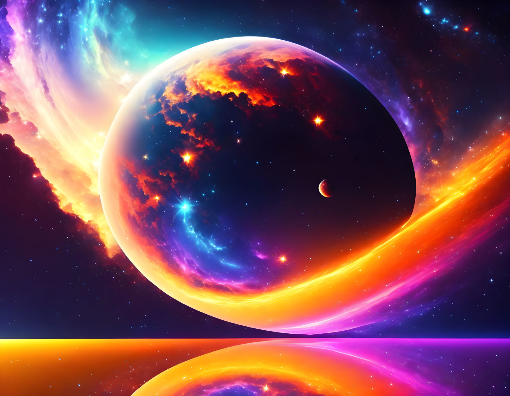 Colorful Cosmic Scene with Large Planet and Stars in Serene Space-Horizon