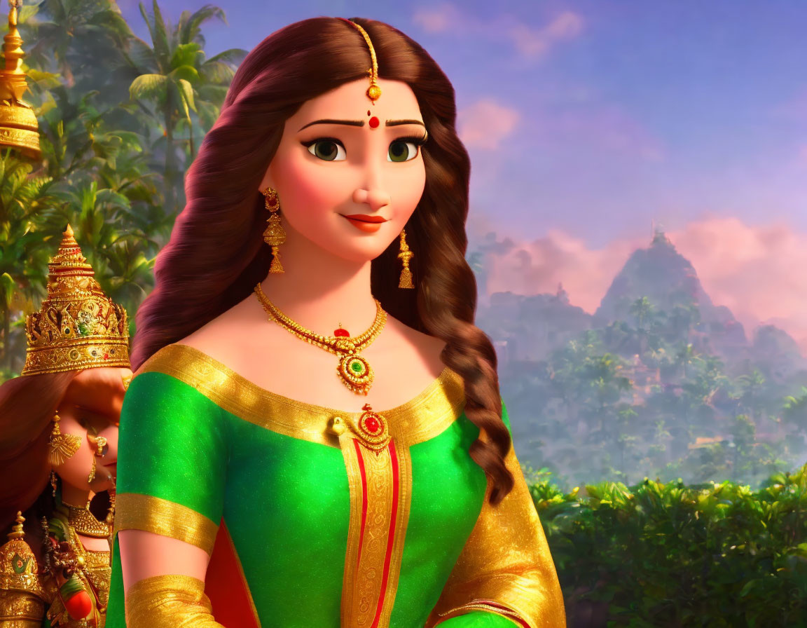 Traditional Indian attire and jewelry on animated character in ancient temple backdrop