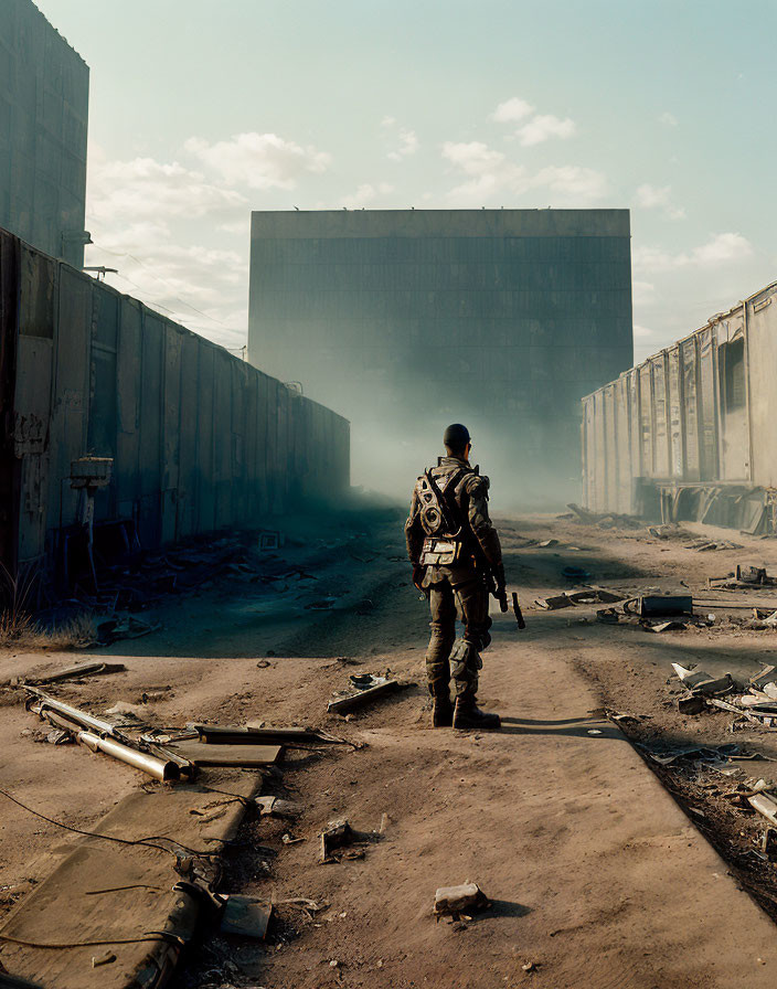 Military figure in industrial setting gazes at dark building under hazy sky