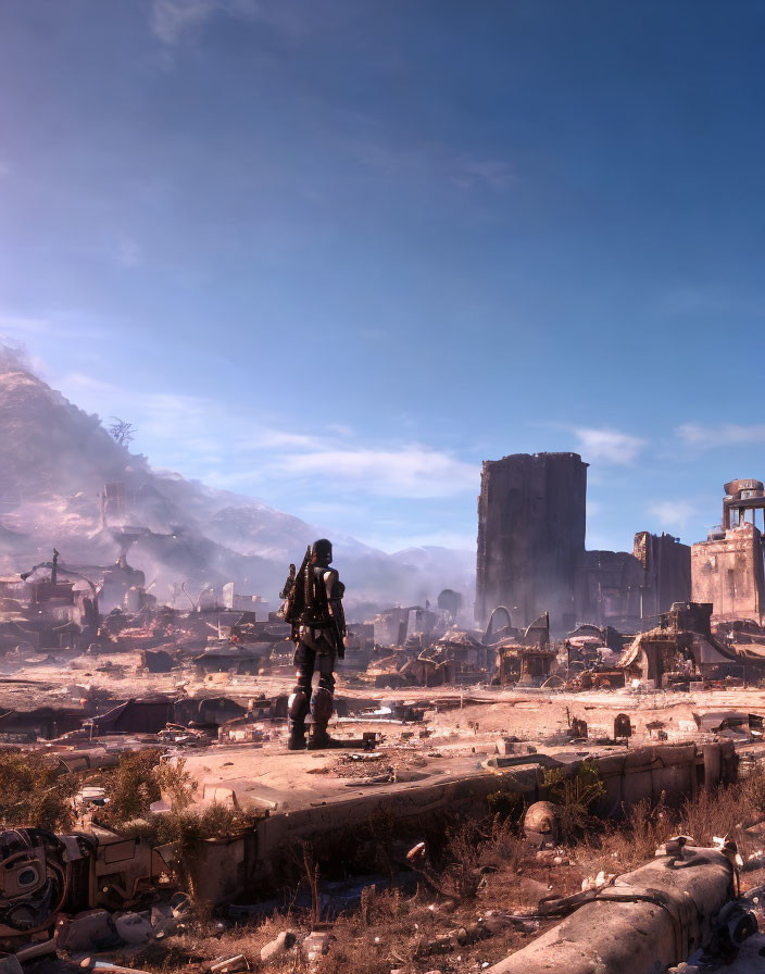 Armored figure in post-apocalyptic landscape with ruins