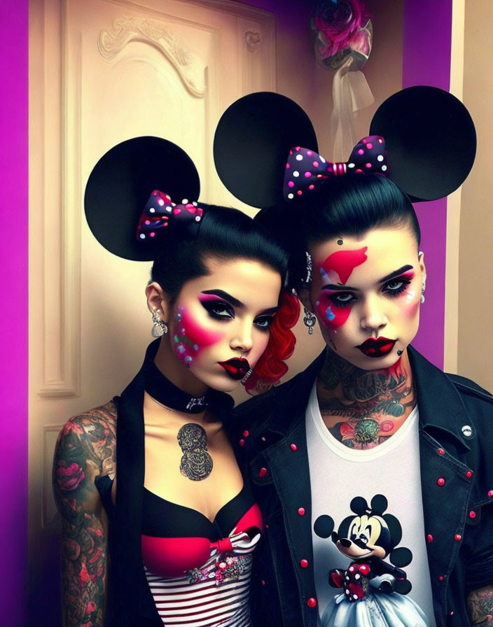 Colorful makeup and tattoos on individuals with Mickey Mouse ear headbands in artistic pose.