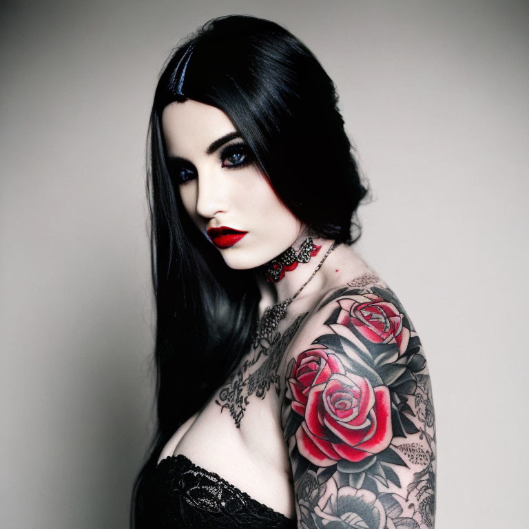 Pale-skinned woman with black hair and red lipstick displaying tattoos on arms and chest in black attire.