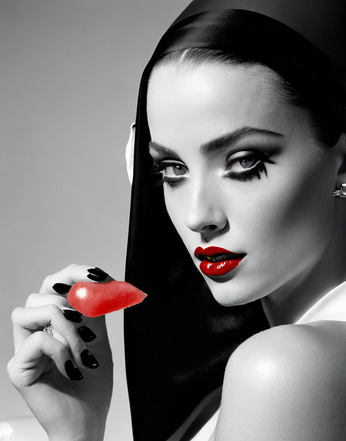 Woman with Red Lipstick and Nails Poses in Monochrome with Headscarf and Watermelon