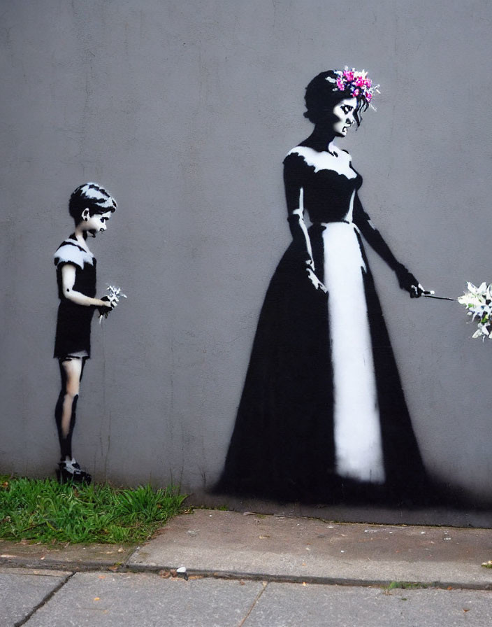 Monochrome graffiti mural featuring boy and woman with flowers and shadows