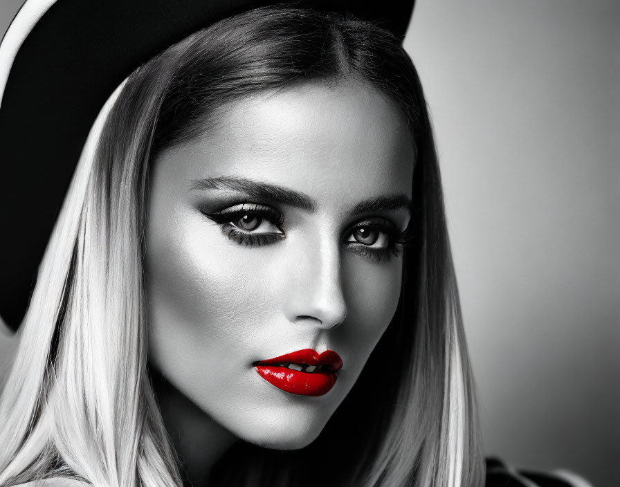 Monochrome portrait of woman with red lips and hat gaze at camera