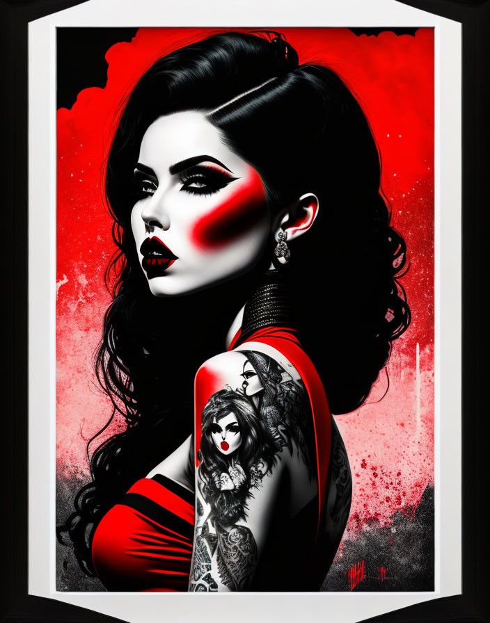 Stylized portrait: Woman with dark hair, red highlights, bold makeup, and intricate tattoos.