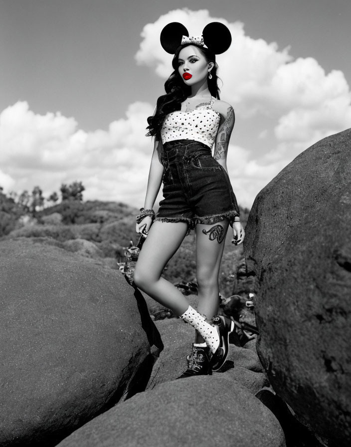 Monochrome photo of woman with tattooed arms in polka dot top and mouse ears