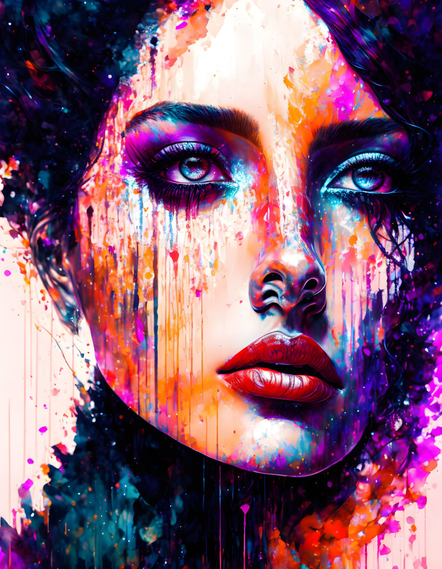 Colorful digital portrait of a woman with striking eyes and paint splatters.