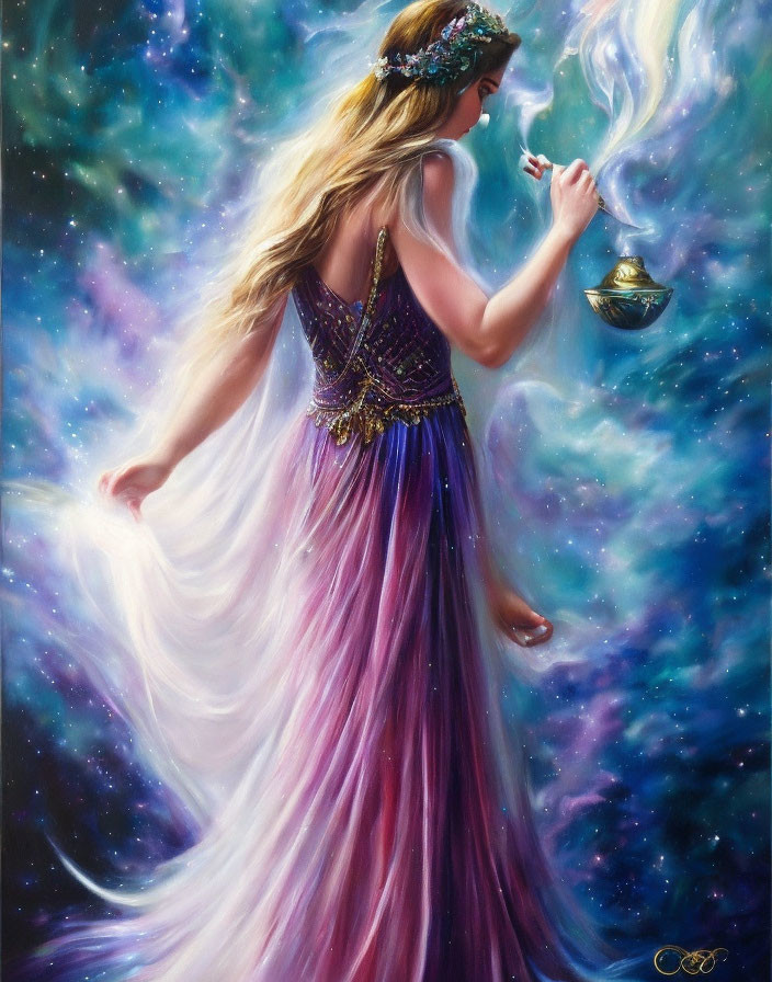 Woman in purple gown with celestial background holding lamp and adorned with flowers.