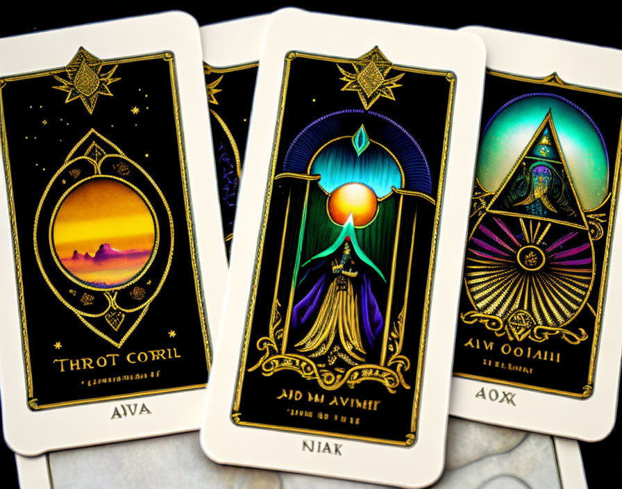 Colorful ornate tarot cards with mystical symbols and astrological signs.