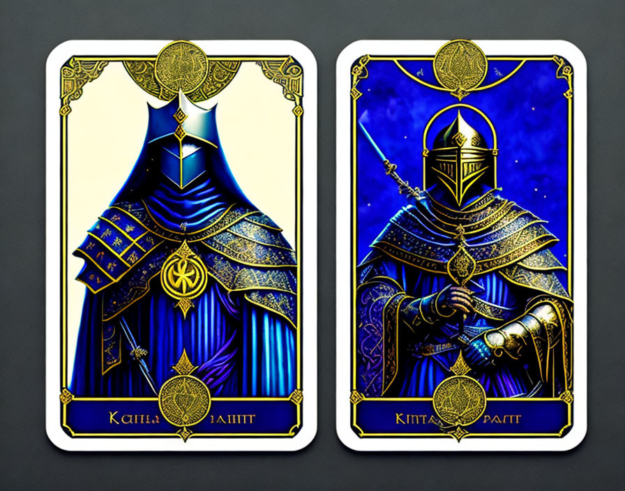 Artistic playing cards: Knight in blue and gold armor on starry background