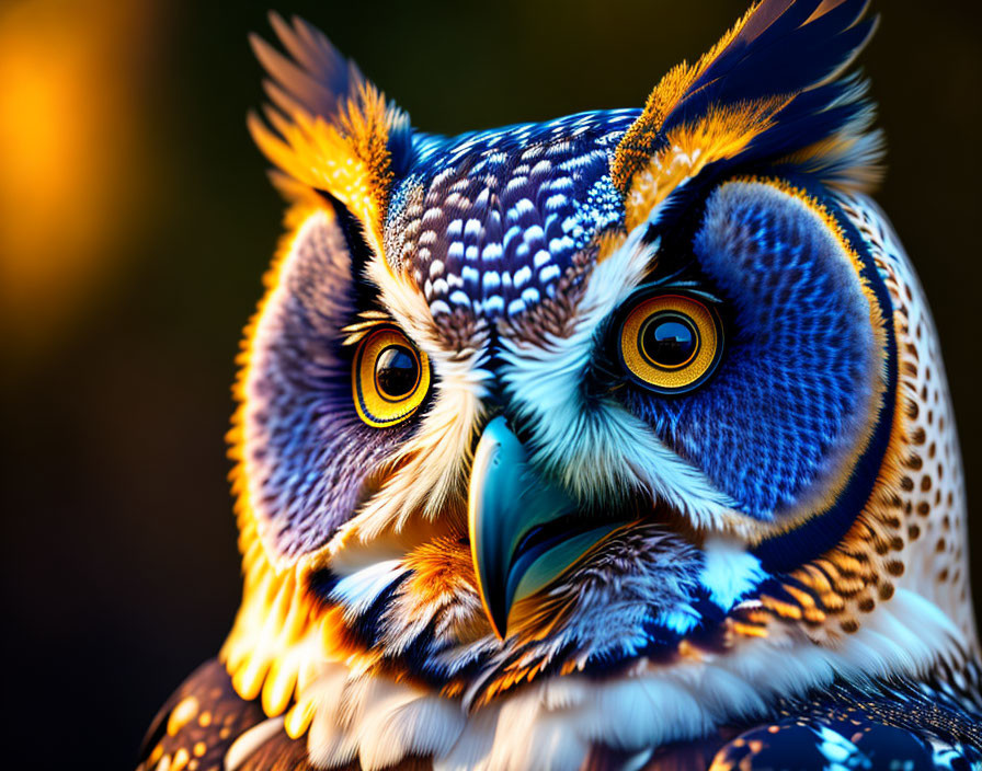 Colorful Owl Close-Up with Vibrant Plumage and Yellow Eyes