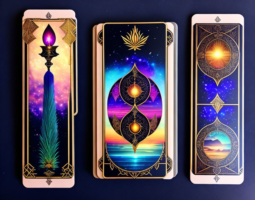 Ornate tarot cards with cosmic and nature-inspired designs