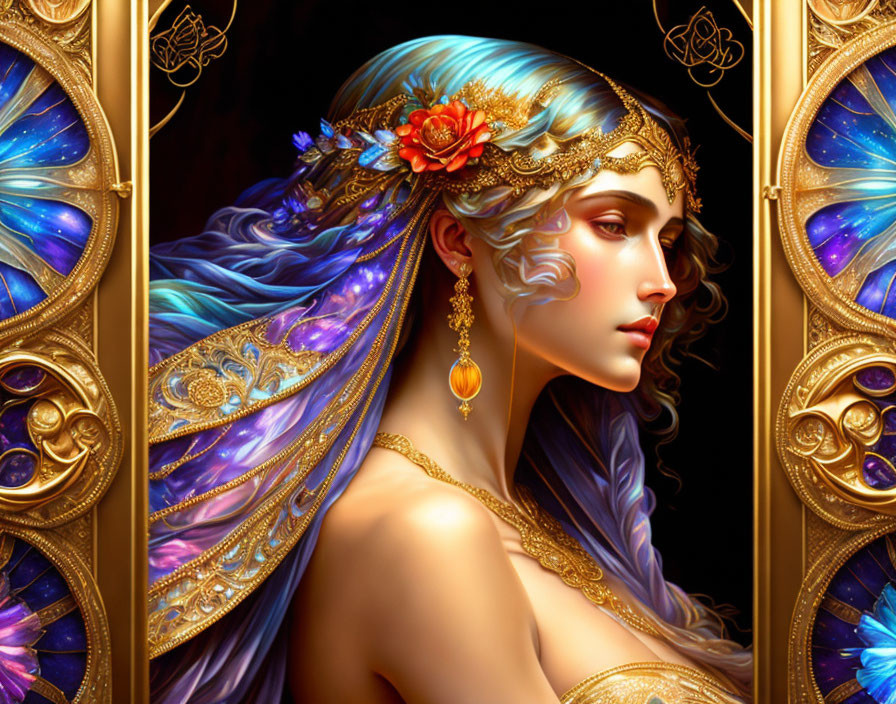 Digital art: Woman with blue-purple hair, floral adornments, golden headdress, and peacock