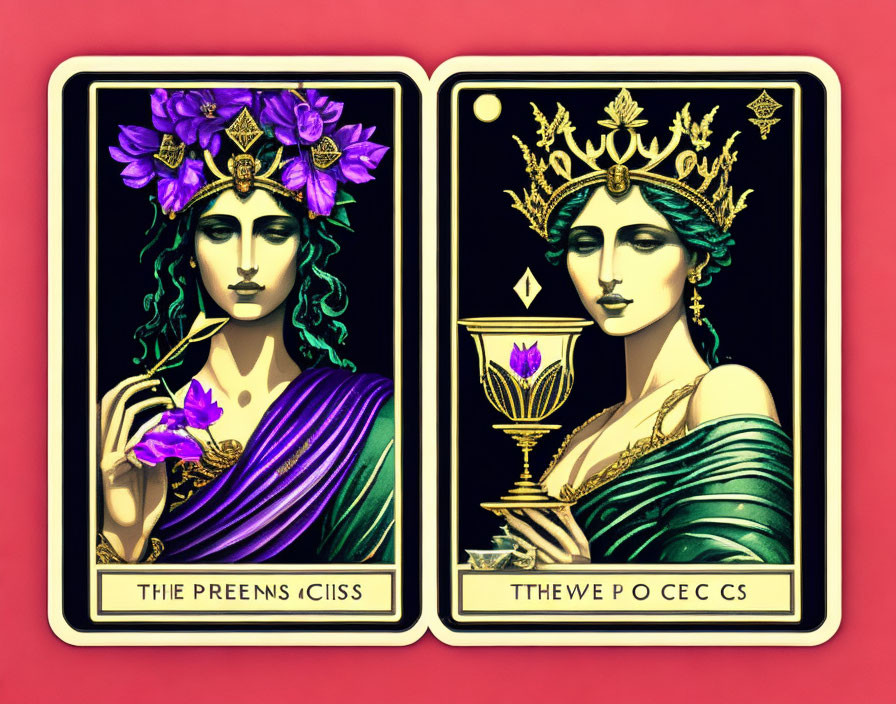 Stylized tarot cards: women with crowns, flowers, and cups on red background