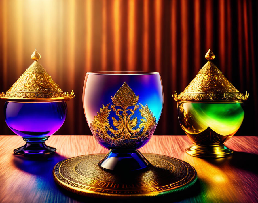 Ornate blue and green glass on metallic plate with golden patterns, set against sunlit curtains