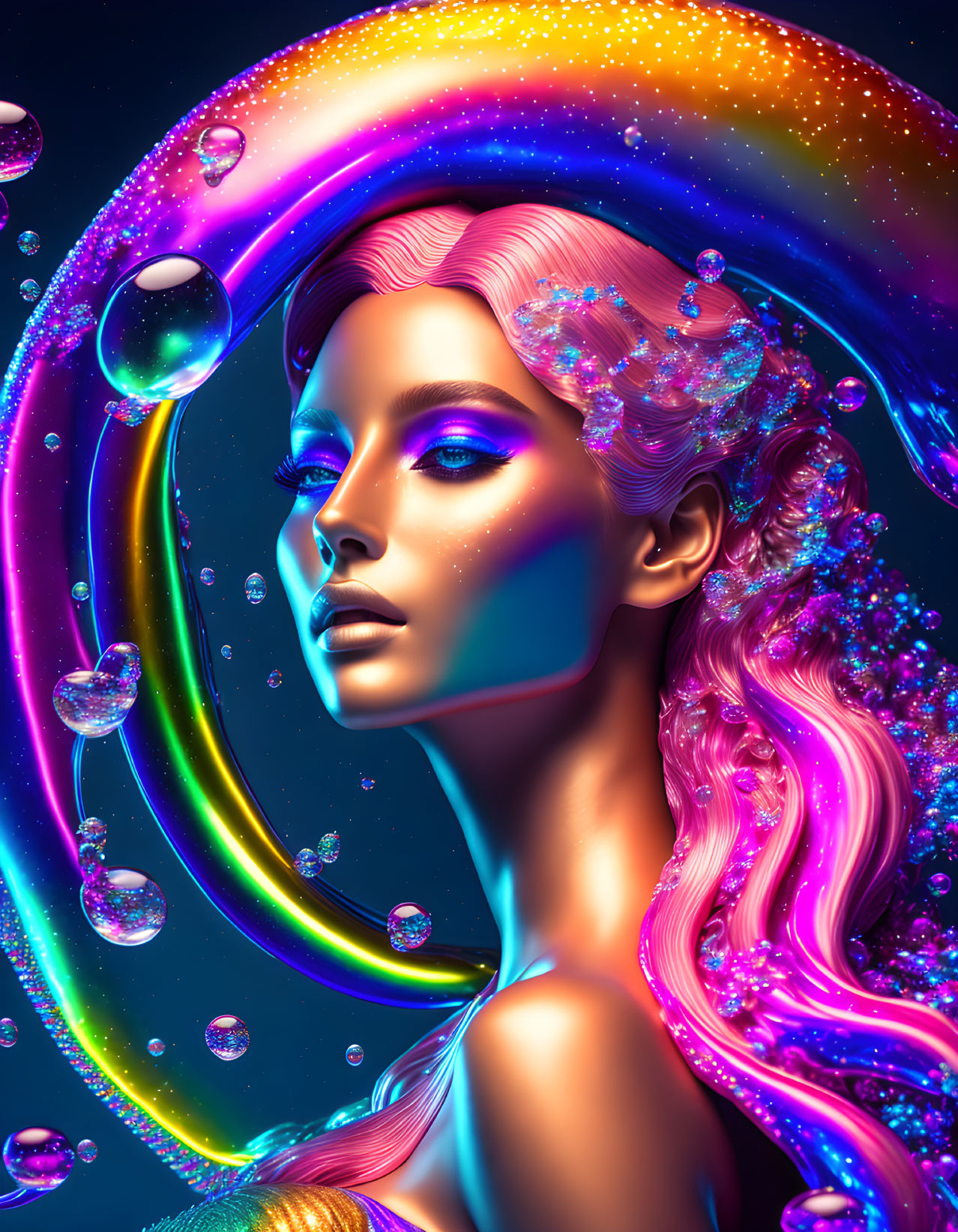 Colorful portrait of a woman with neon colors, bubbles, and cosmic swirls.