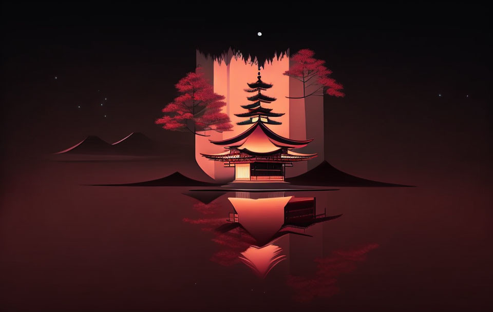 Japanese Temple Digital Artwork: Crimson & Black Colors, Water Reflections, Starlit Sky