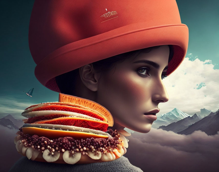 Surreal portrait: woman with mountain landscape background, neck replaced by layered dessert with fruit, cloudy