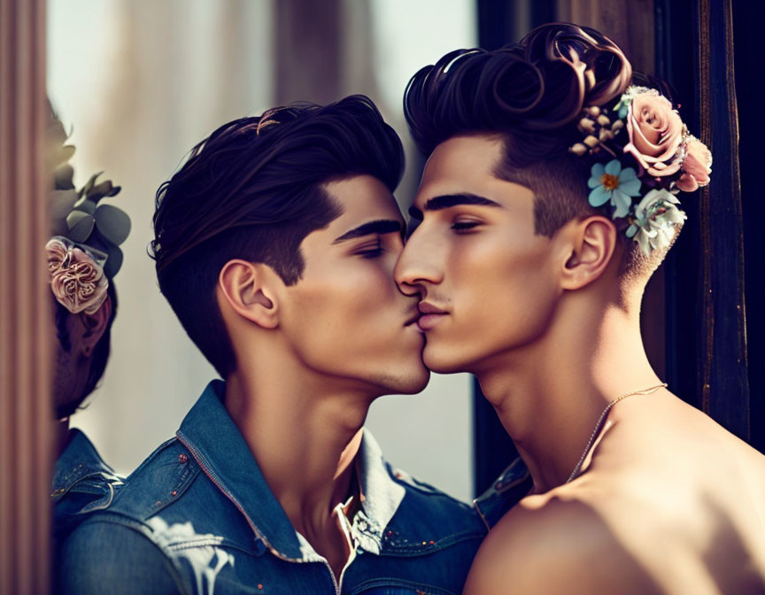 Stylized male figures with unique hairstyles sharing a kiss in a mirrored scene