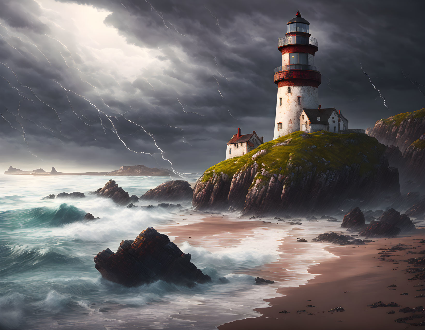 Rugged cliff lighthouse in stormy sea scene