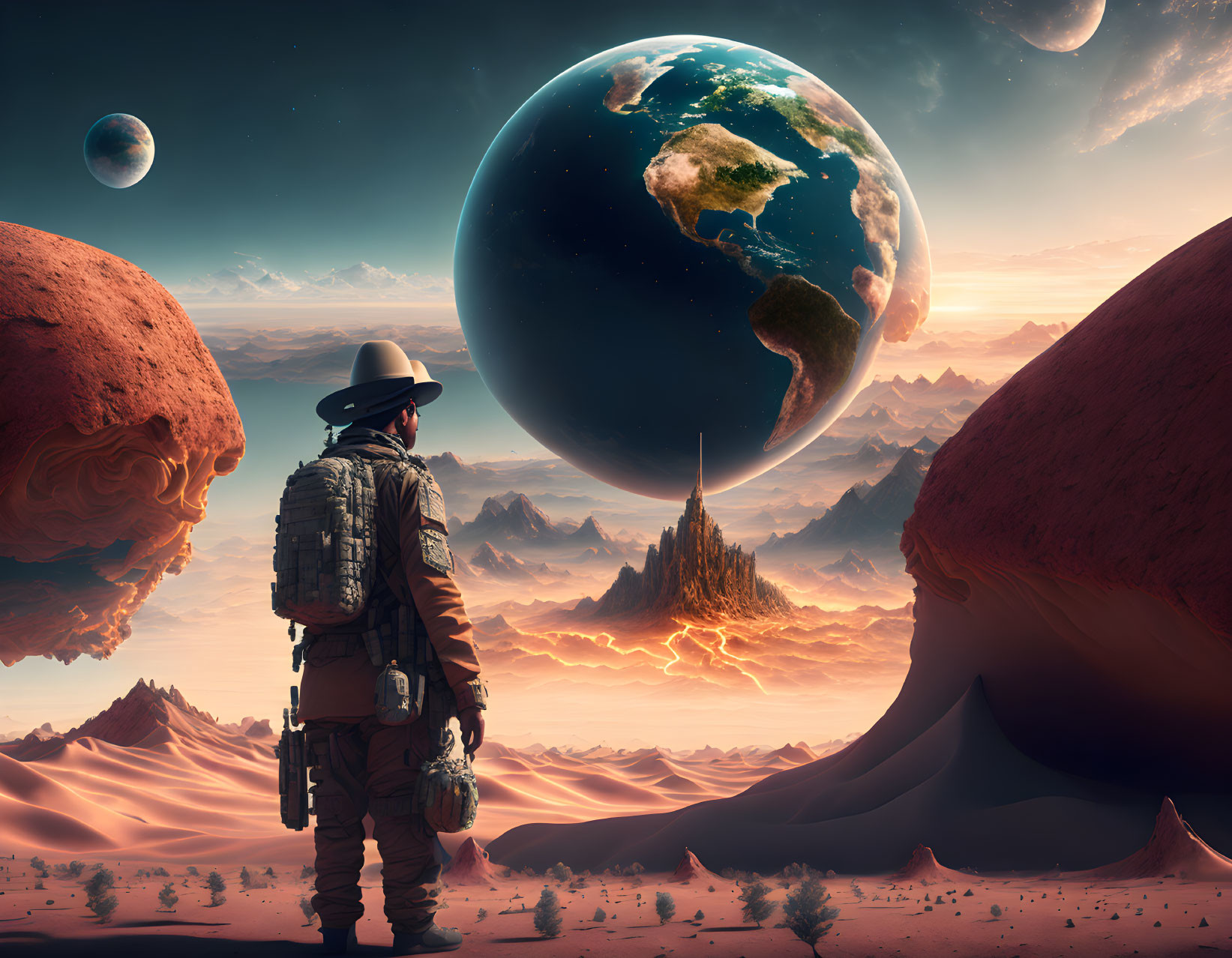 Astronaut on alien desert planet with Earth-like planet, red terrain, castle, and two moons