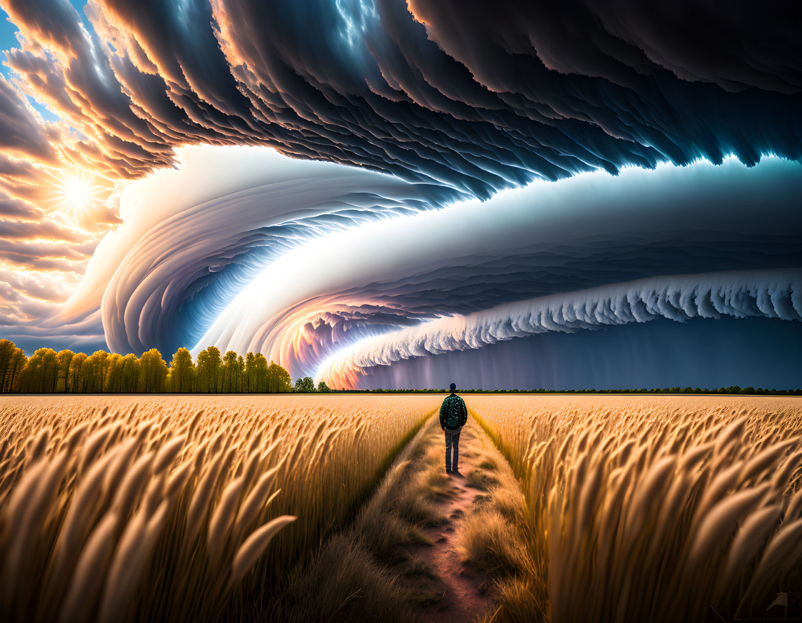 Person in wheat field under massive wave-like cloud formation